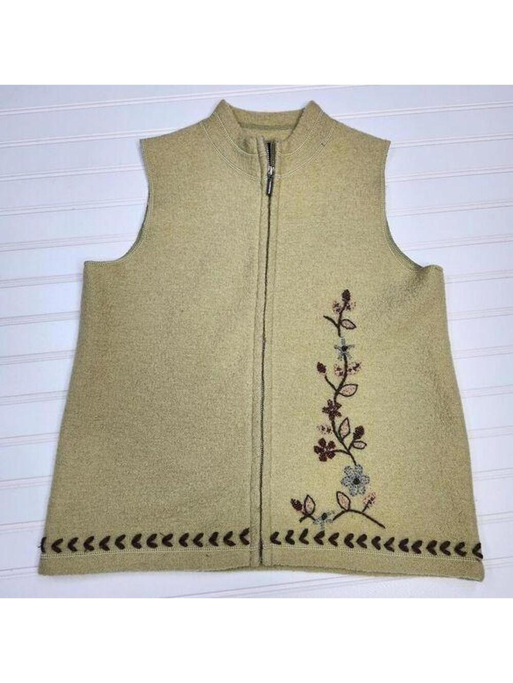 Sigrid Olsen Sport 100% | Wool Zip Sweater Green Vest Beaded Embroidered VTG Med